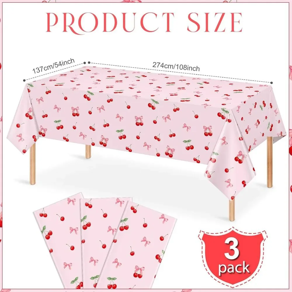 3Pcs Cherry & Bow Birthday Tablecloths 54x108 Disposable Plastic Party Cover